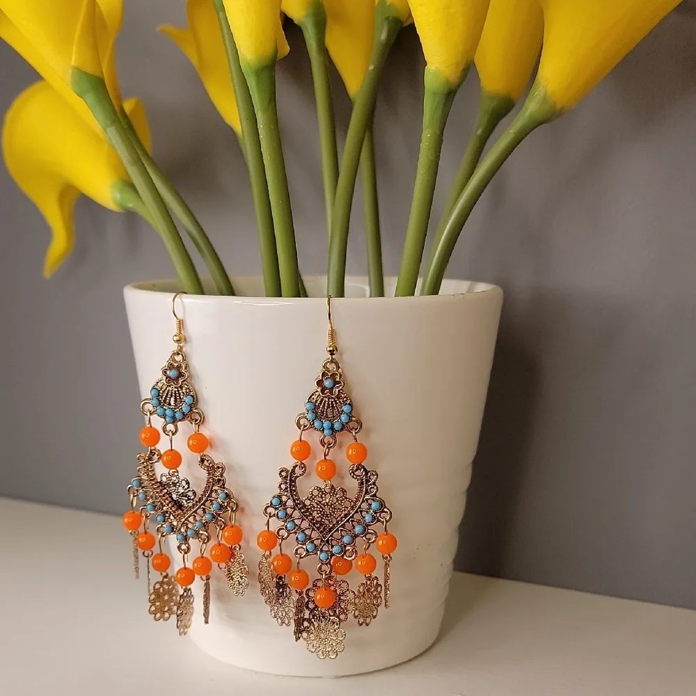 Boho Orange Blue Gold Chandelier Earrings Bohemian